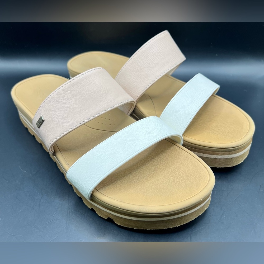 Reef -Banded Horizon, Women's Cream and Tan Slide Sandals-Size:11
